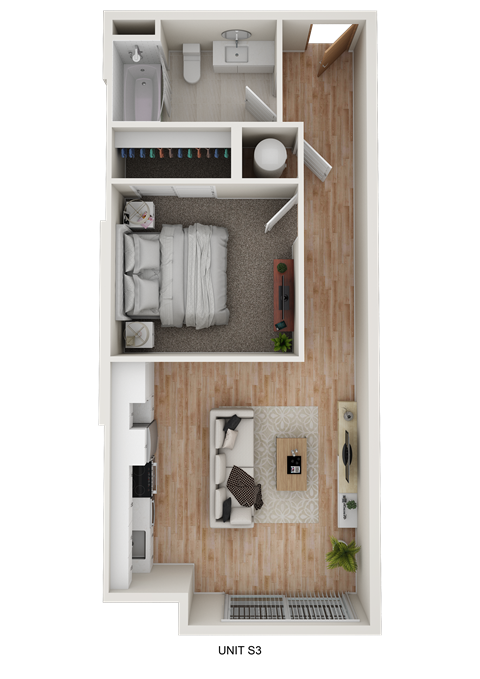 Floor plan for 1 bed, 1 bath, 582 sqft